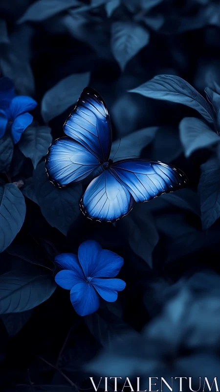 Blue morpho butterfly over nocturne leaves and blooms.