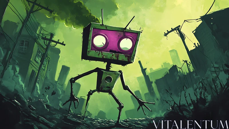 Box headed wasteland robot stomps through toxic neon dusk.