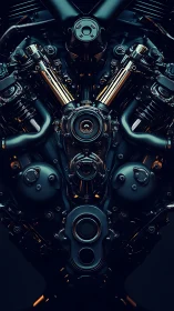 Chrome heart of the machine, glowing in midnight teal.