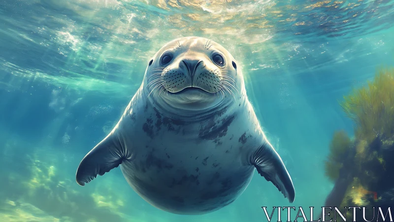 Underwater harbor seal portrait in luminous teal currents.