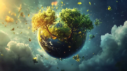 Floating earth grove merges cosmic light and lush growth.