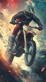 Motocross rider erupts through dust and color in mid jump