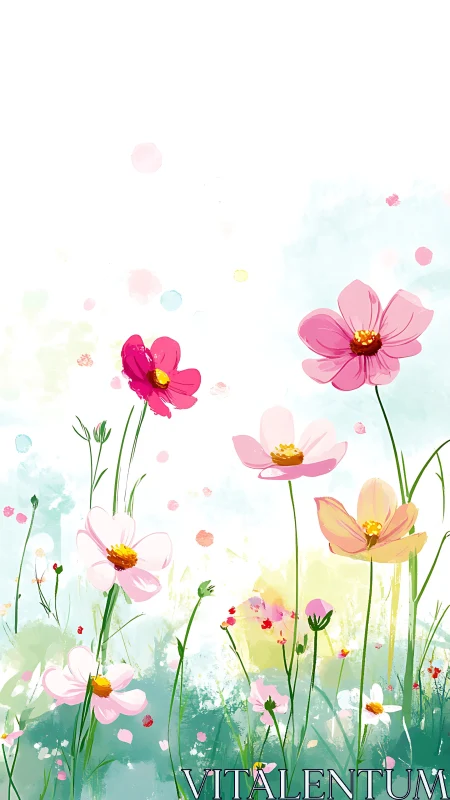 Cosmos Flowers in Watercolor: Pastel Gradient Field Composition