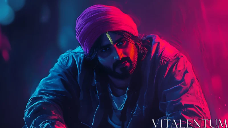 Neon-lit portrait of a thoughtful man in glowing colors.