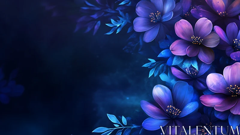 Luminous Digital Floral Composition with Radial Blue-Purple Gradient