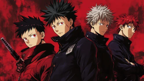 Four anime characters in dark uniforms on red backdrop.