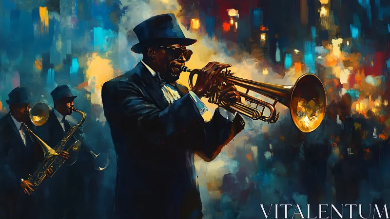 Jazz trumpeter commands a neon-lit night stage in motion.