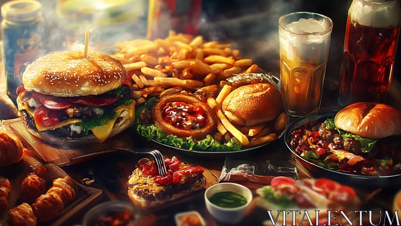Assorted burgers, fries and drinks on crowded tabletop.