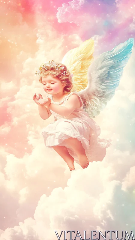 Cherubic child angel drifting in luminous pastel clouds.