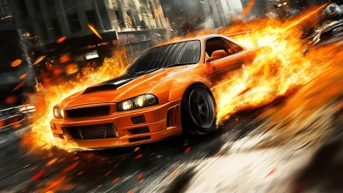 Orange street racer car drifts through blazing urban fire