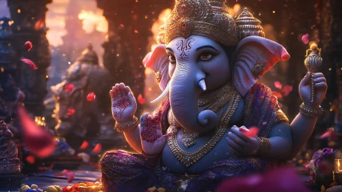 Ganesha idol in ornate temple setting with warm lighting.