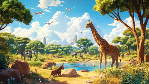 Giraffe and zebra chorus bask beneath a sunlit savanna sky