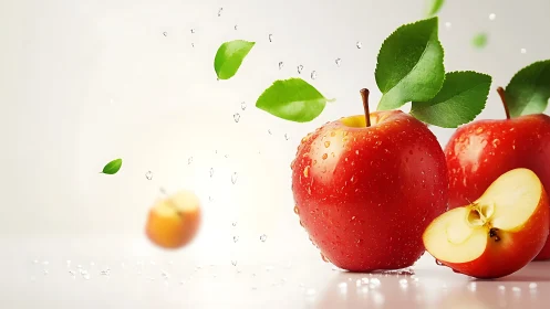 Photorealistic red apples with water droplets on white ground.