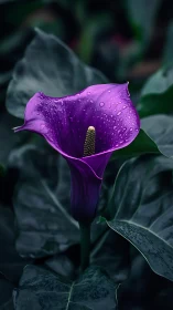 Purple Calla Lily with Dewdrops: Botanical Macro Study.