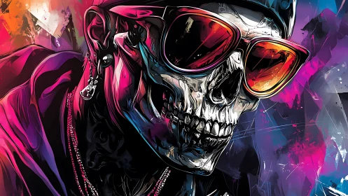 Neon skull portrait with reflective sunglasses and streetwear glow
