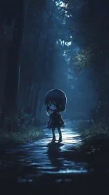 Moonlit chibi girl wandering alone through misty forest path.