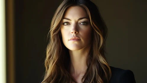 Confident woman with wavy hair in dramatic lighting portrait.