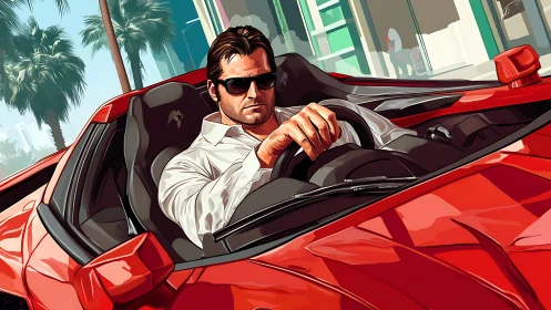 Confident driver in red sports car on sunny city street.