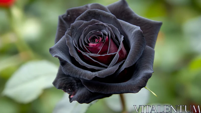 Close-up view of dark black rose with subtle red core.