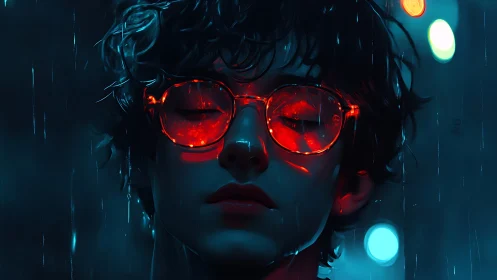 Person wearing neon red glasses stands in rain at night