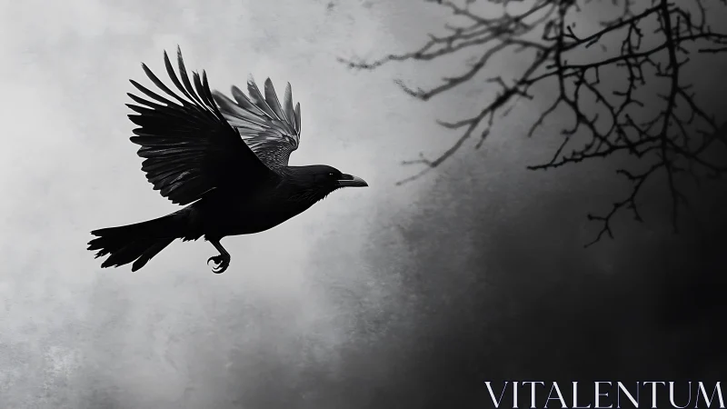 Silhouetted Bird in Flight Against Textured Gray Sky