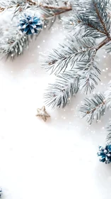 Frosted pine branches frame blue cones on bright snow