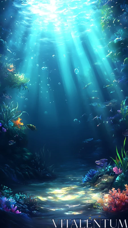 Subsurface caustic light rays illuminate colorful coral reef floor