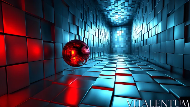 Red reflective sphere in blue metallic cube corridor.