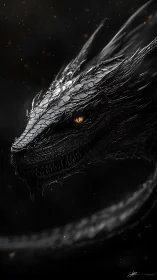 Digital painting portrait of obsidian dragon head in profile.