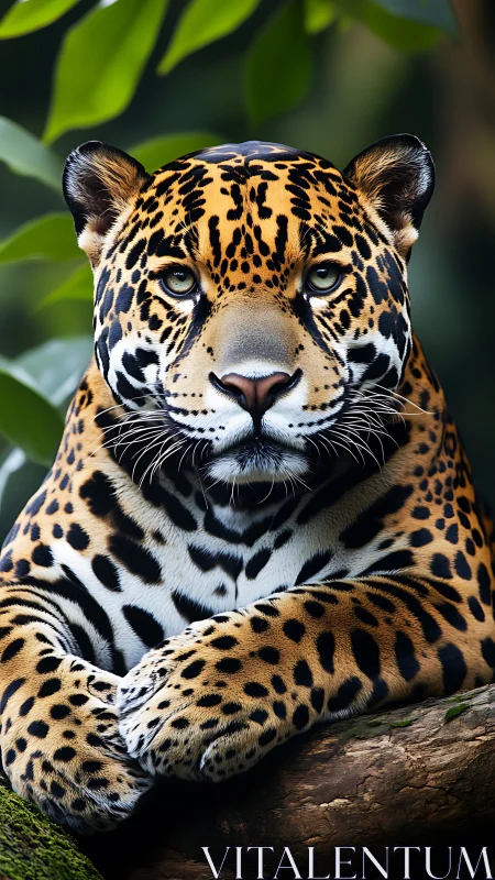 Regal jaguar rests on mossy branch in lush jungle light