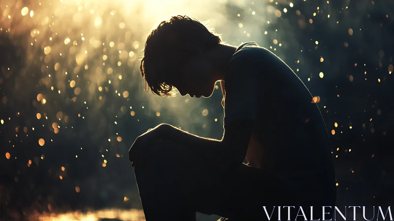 Silhouetted person sitting in glowing evening rain light.