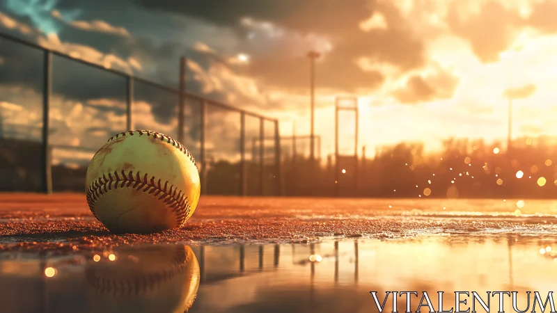 Softball on wet infield dirt under warm sunset light.