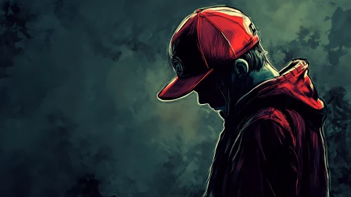 Hooded youth in red cap stands alone in moody shadows.
