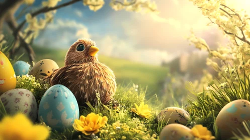 Easter chick amid painted eggs in glowing spring meadow.
