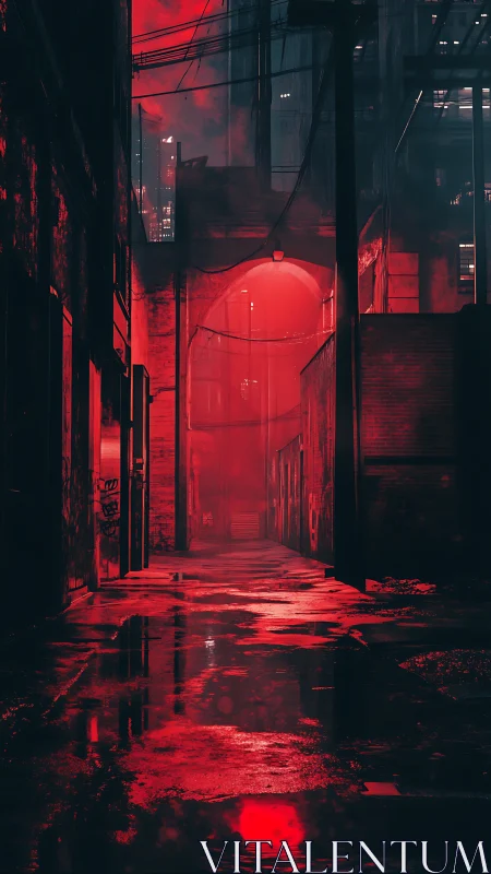Crimson rain-slick alleyway beneath neon-choked towers.