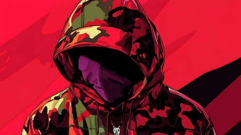 Hooded figure in red camouflage jacket on flat red field.