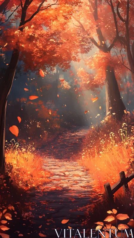 Luminous Autumnal Forest Pathway with Incandescent Foliage Emissions.