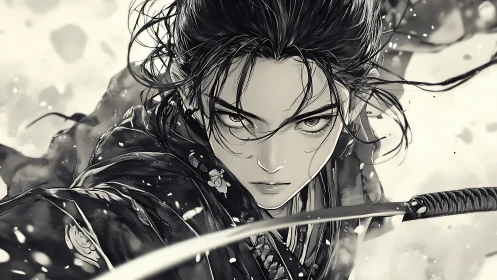 Samurai warrior locks blade in monochrome snowstorm fury.