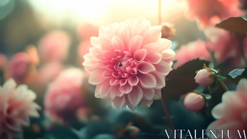 Backlit Pink Dahlia with Layered Petals in Golden Hour Soft Focus
