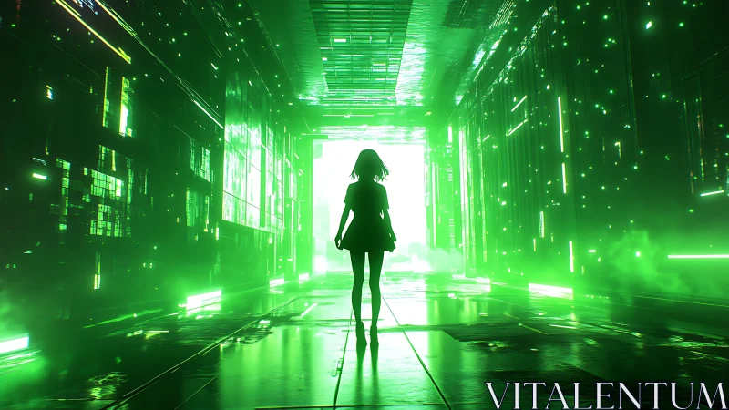 Silhouette in illuminated green sci fi corridor environment.