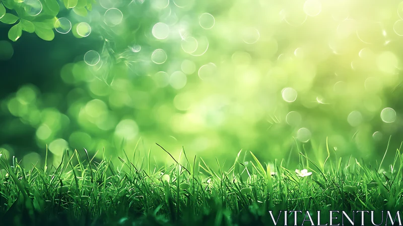 Lush green grass with bokeh sunlight in dreamy nature style.