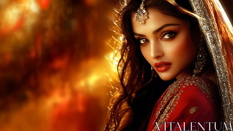 Digital portrait shows woman in red sari under warm light