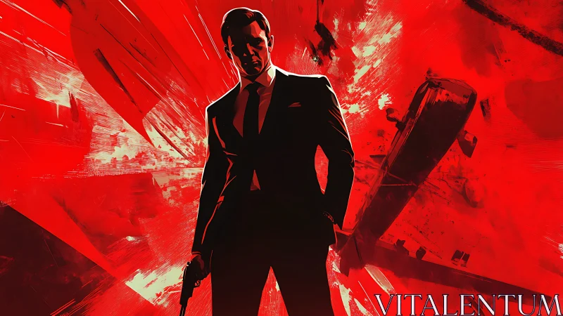 Suited secret agent holding gun in red explosive scene.