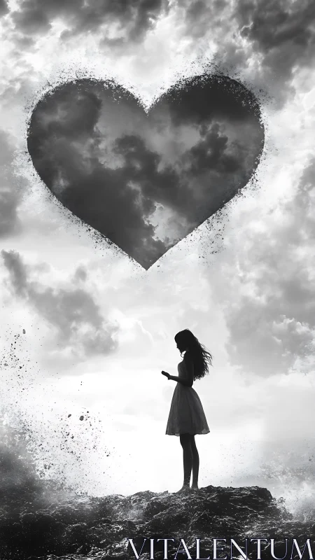 Silhouetted figure beneath dispersed heart shape in monochrome clouds.