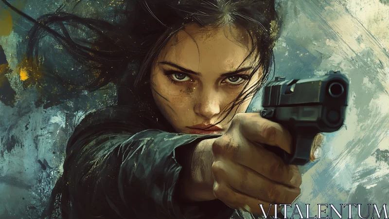 Storm-eyed vigilante aims through chaos-splashed twilight.