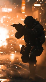 Silhouetted soldier advancing through blazing city inferno.