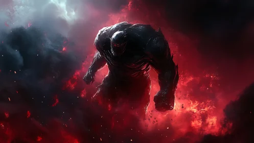 Shadow demon silhouette emerges from red volcanic smoke