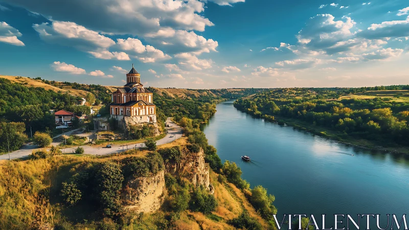 Hilltop church overlooks wide river valley under clouds