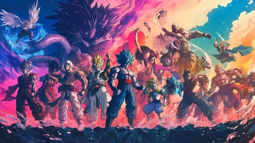 Cosmic warriors clash in a neon storm of roaring power.