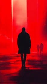 Silhouetted figure in red urban corridor at night.